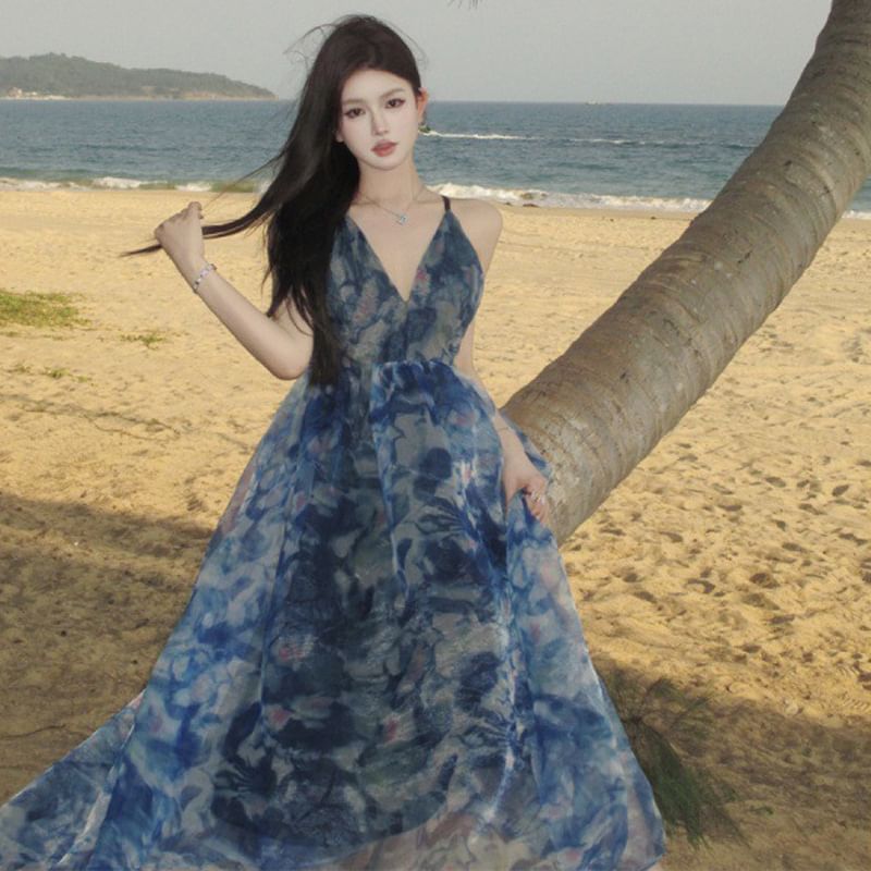 Print Dress Dye Tie Spaghetti A-Line V-Neck Strap Maxi