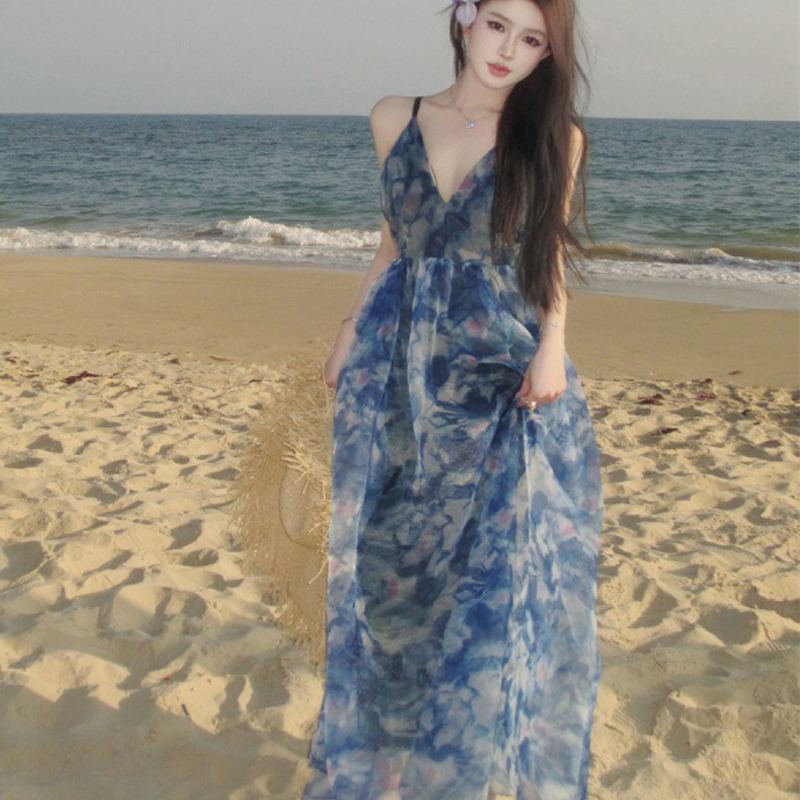 Print Dress Dye Tie Spaghetti A-Line V-Neck Strap Maxi