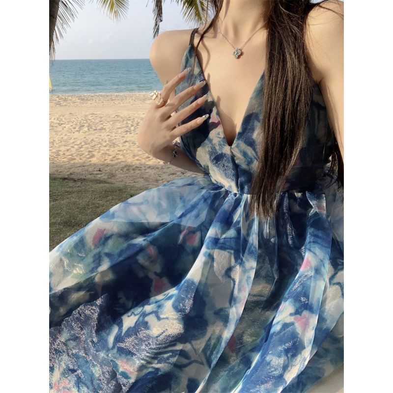 Print Dress Dye Tie Spaghetti A-Line V-Neck Strap Maxi