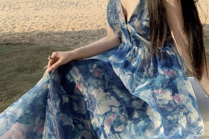 Print Dress Dye Tie Spaghetti A-Line V-Neck Strap Maxi