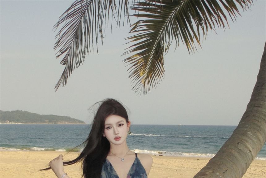 Print Dress Dye Tie Spaghetti A-Line V-Neck Strap Maxi