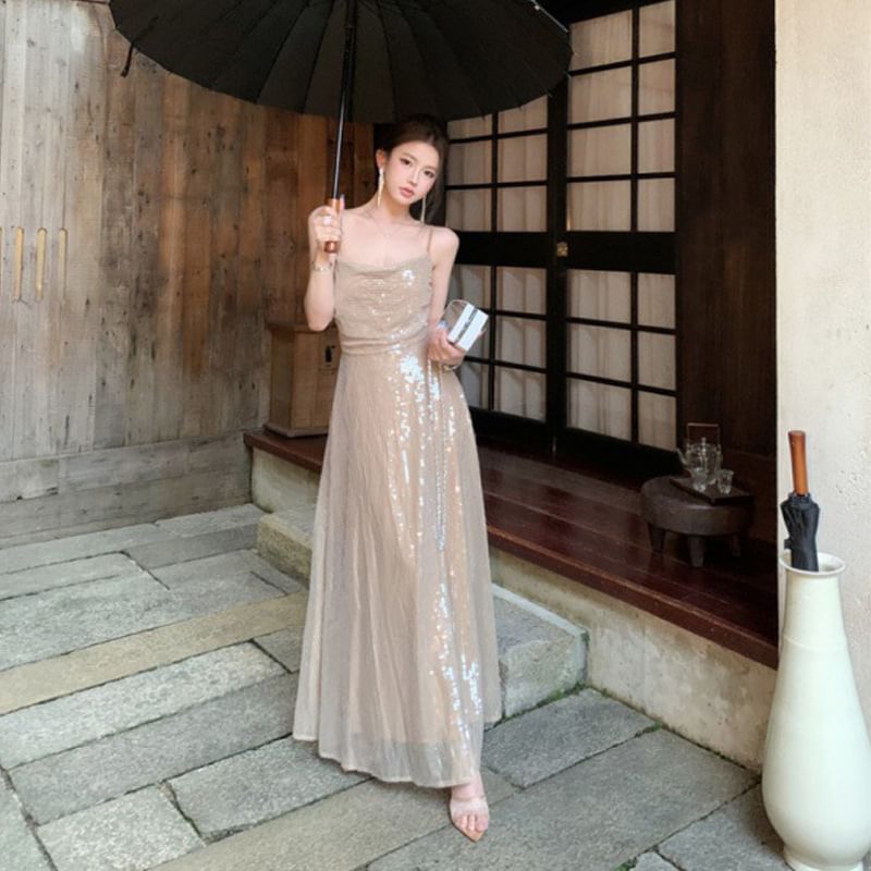 Sequin Maxi Spaghetti Strap Dress A-Line