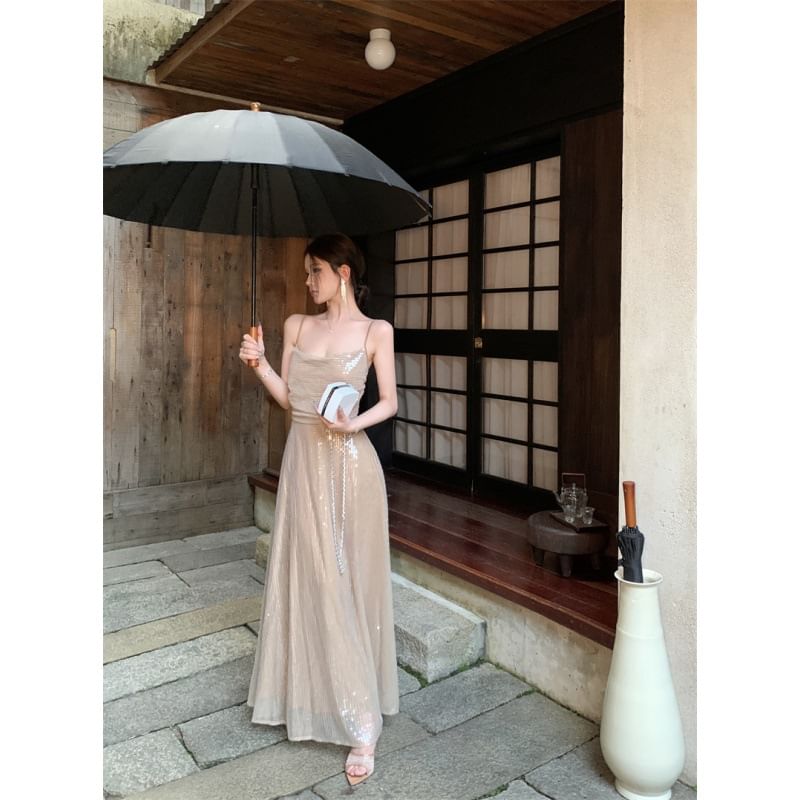 Sequin Maxi Spaghetti Strap Dress A-Line