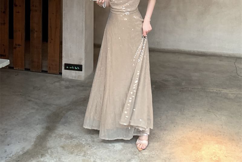 Sequin Maxi Spaghetti Strap Dress A-Line