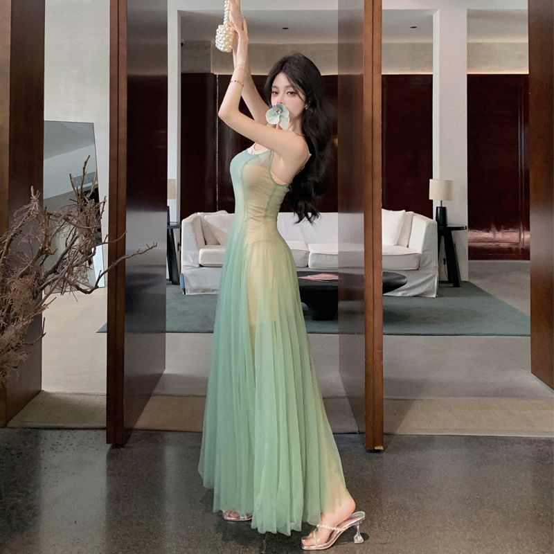 Strap Neck Scoop A-Line Spaghetti Sheer Dress Maxi