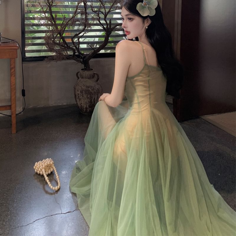 Strap Neck Scoop A-Line Spaghetti Sheer Dress Maxi