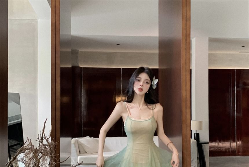 Strap Neck Scoop A-Line Spaghetti Sheer Dress Maxi