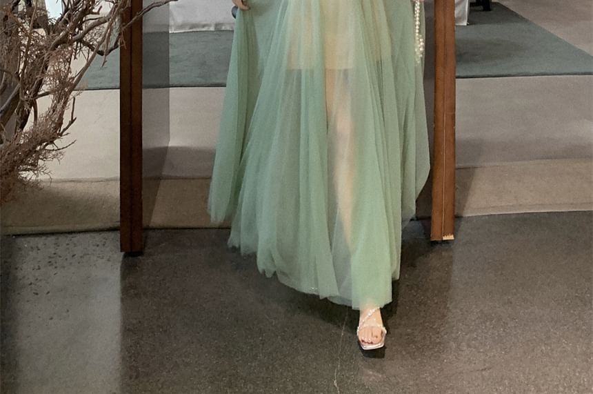 Strap Neck Scoop A-Line Spaghetti Sheer Dress Maxi