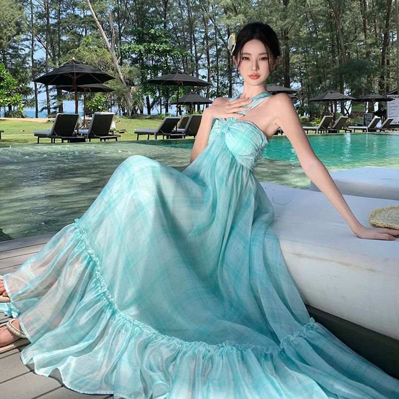 Neck Hem A-Line Dye Dress Tie Maxi Halter Ruffle