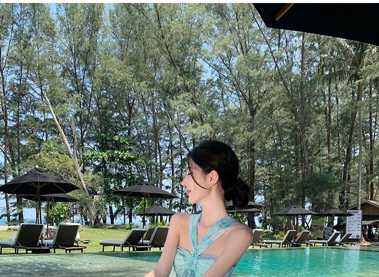 Neck Hem A-Line Dye Dress Tie Maxi Halter Ruffle