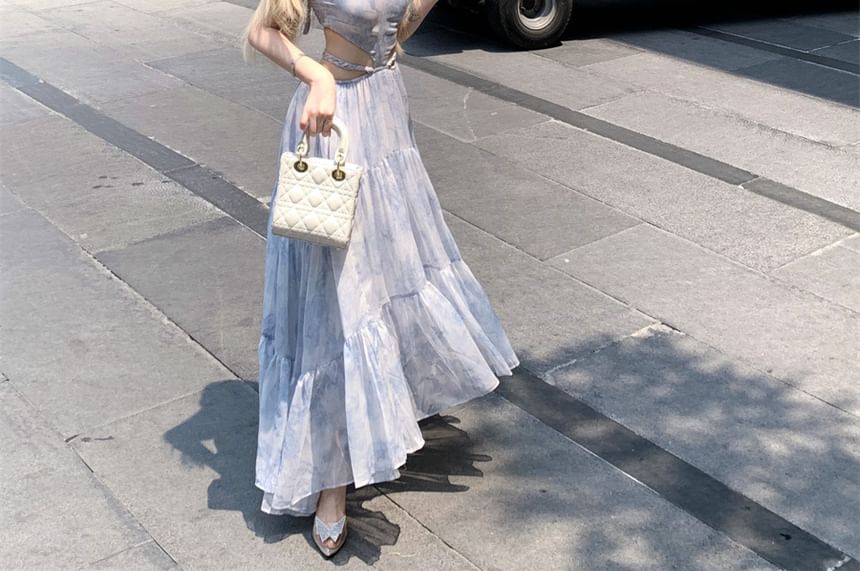 Maxi Neck Dress Cutout Dye Strap Spaghetti Tie Halter A-Line