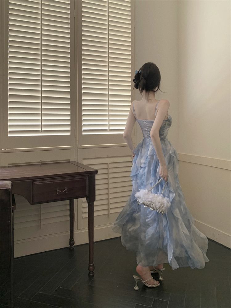 Spaghetti Tie Hem Ruffle Sun Chiffon Dress Dye Strap Maxi