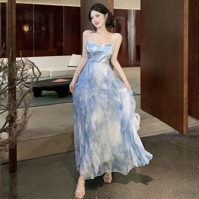 Spaghetti Tie Hem Ruffle Sun Chiffon Dress Dye Strap Maxi