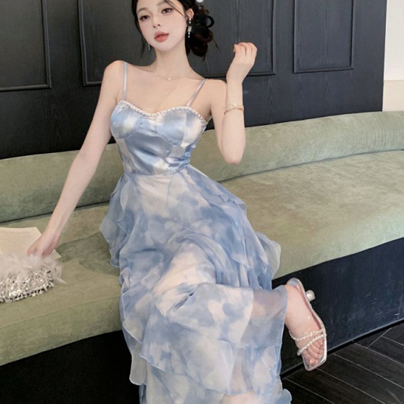 Spaghetti Tie Hem Ruffle Sun Chiffon Dress Dye Strap Maxi