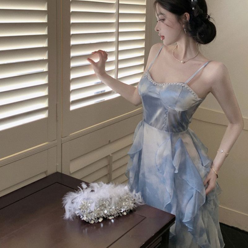 Spaghetti Tie Hem Ruffle Sun Chiffon Dress Dye Strap Maxi