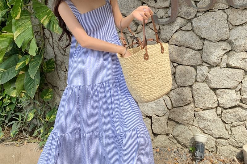 Neck Maxi Square Striped Dress Spaghetti Sun Strap Ruffle