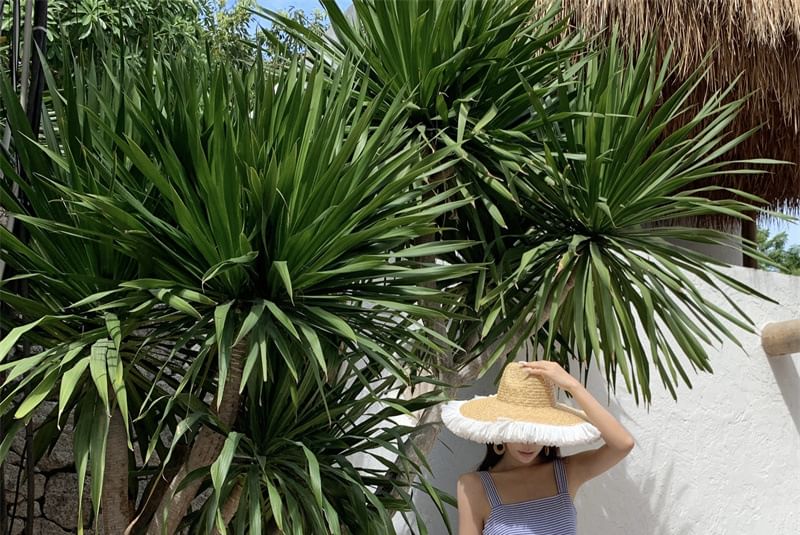 Neck Maxi Square Striped Dress Spaghetti Sun Strap Ruffle