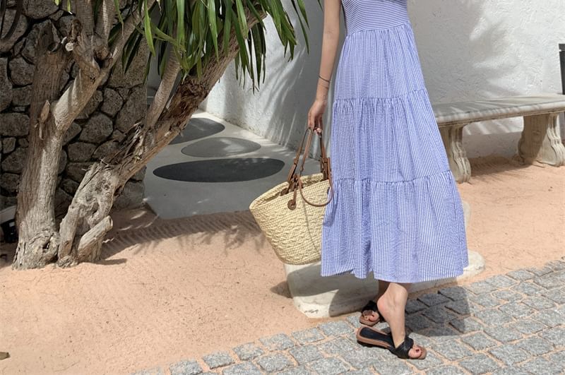 Neck Maxi Square Striped Dress Spaghetti Sun Strap Ruffle