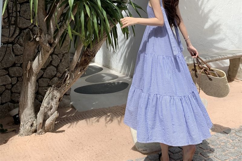 Neck Maxi Square Striped Dress Spaghetti Sun Strap Ruffle