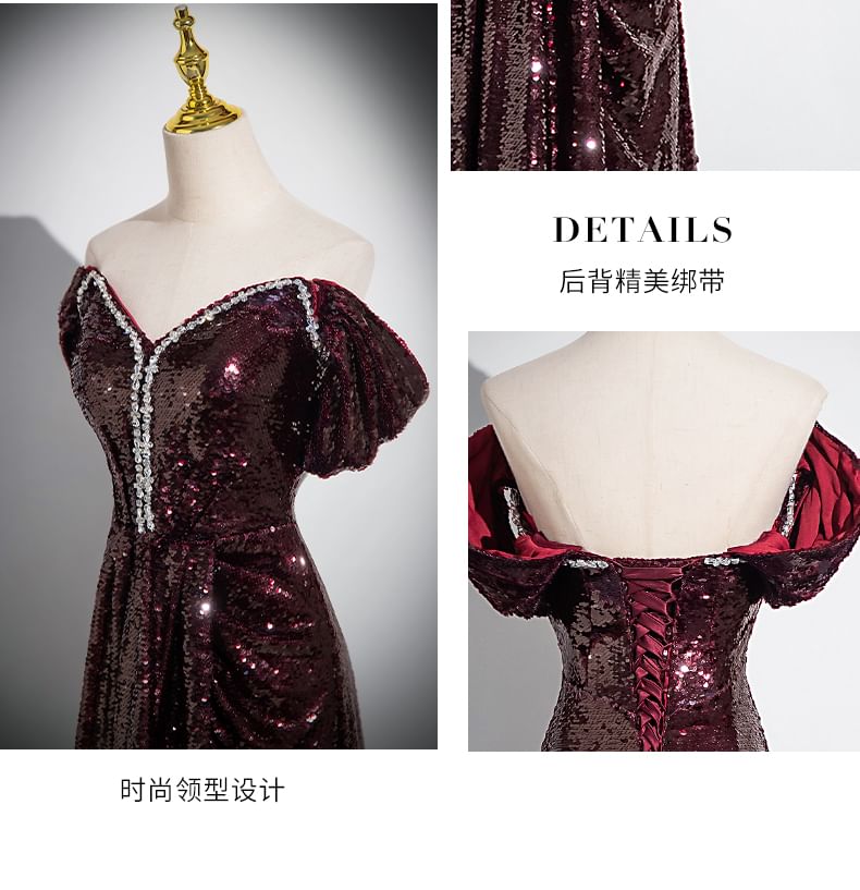 Short-Sleeve Off Shoulder Plain Rhinestone Sequin A-Line Evening Gown