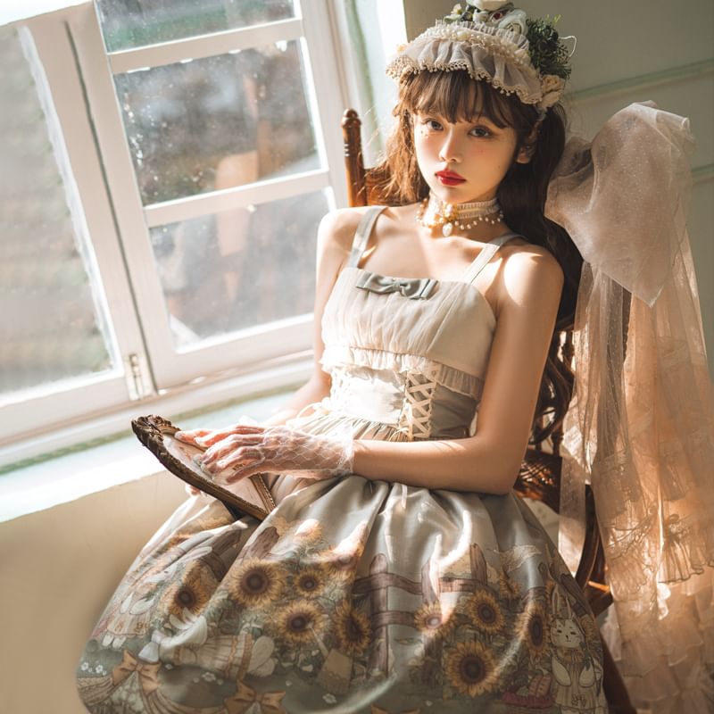 Spaghetti Lolita Strap Rabbit Print Midi A-Line Dress / Petticoat Skir MK Kawaii Store Spaghetti Lolita Strap Rabbit Print Midi A-Line Dress / Petticoat Skir MK Kawaii Store