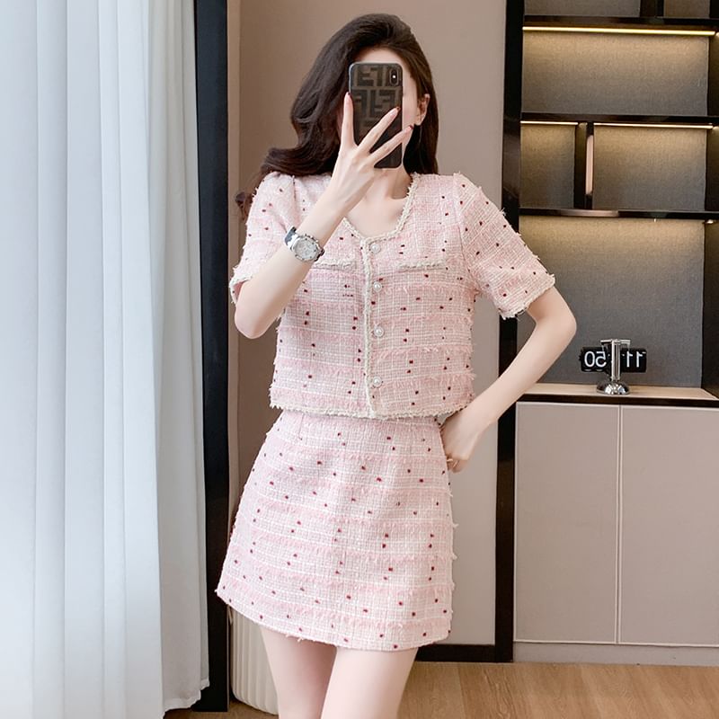 Set: Short-Sleeve Fringed Tweed Button Jacket + High Waist Mini A-Line Skirt
