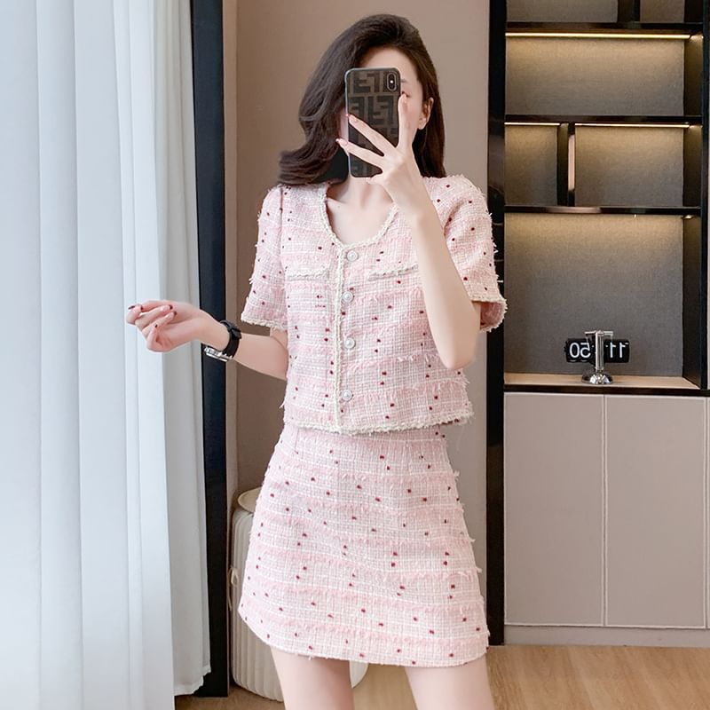 Set: Short-Sleeve Fringed Tweed Button Jacket + High Waist Mini A-Line Skirt