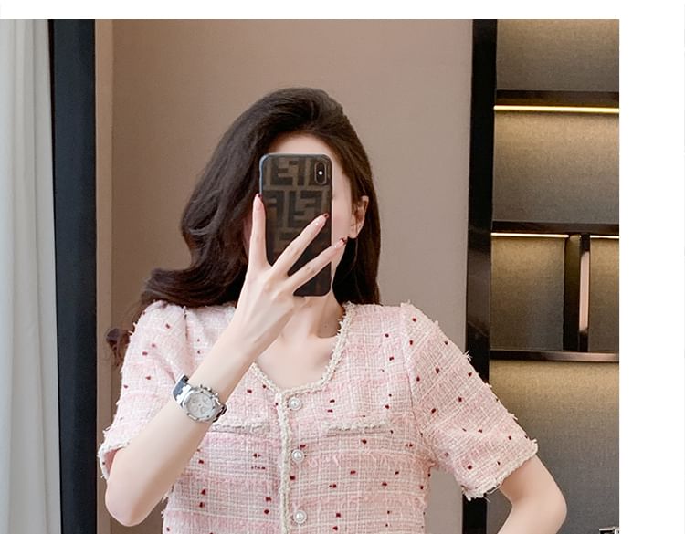 Set: Short-Sleeve Fringed Tweed Button Jacket + High Waist Mini A-Line Skirt