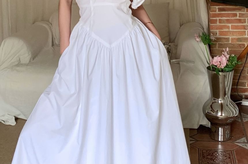 V-Neck Puff-Sleeve Solid A-Line Maxi Dress
