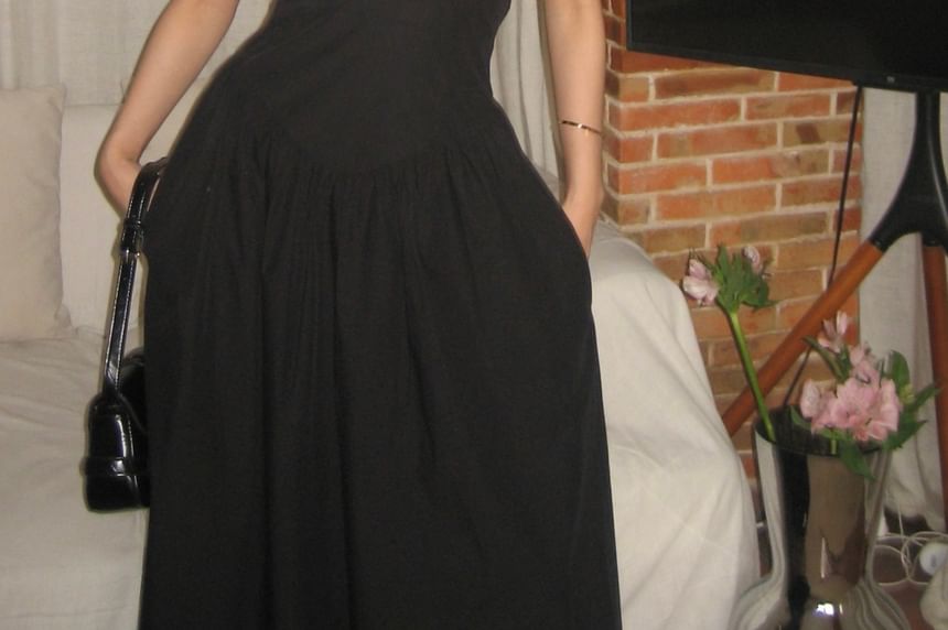 V-Neck Puff-Sleeve Solid A-Line Maxi Dress
