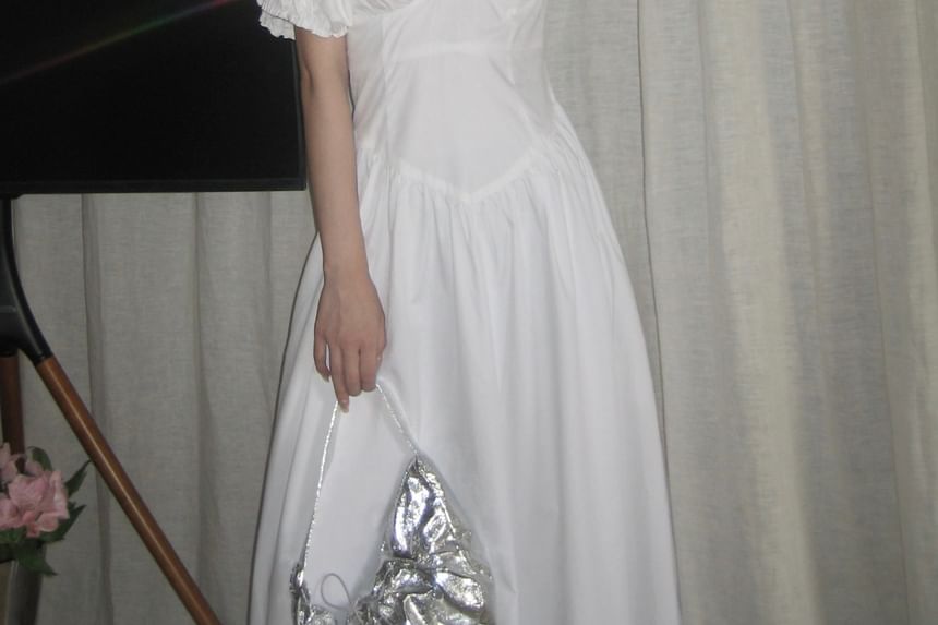 V-Neck Puff-Sleeve Solid A-Line Maxi Dress