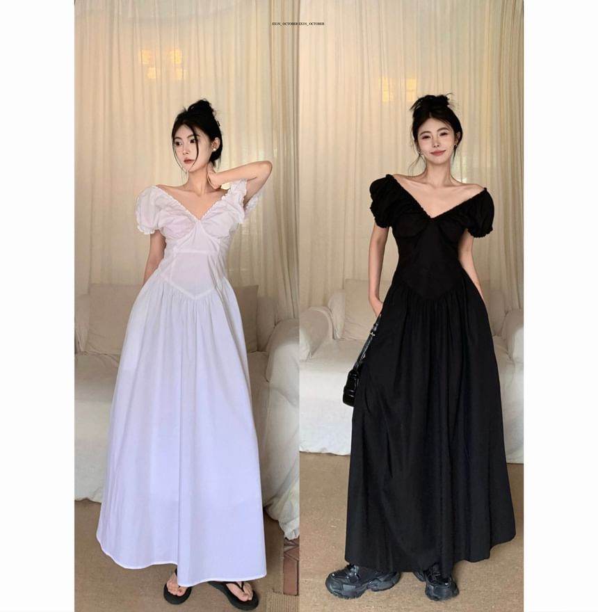 V-Neck Puff-Sleeve Solid A-Line Maxi Dress