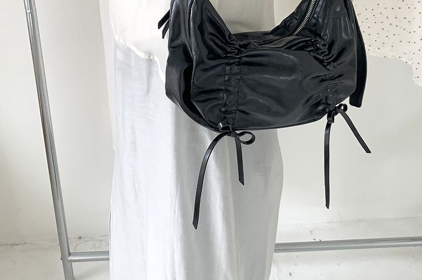Plain Drawstring Faux Leather Bag Shoulder