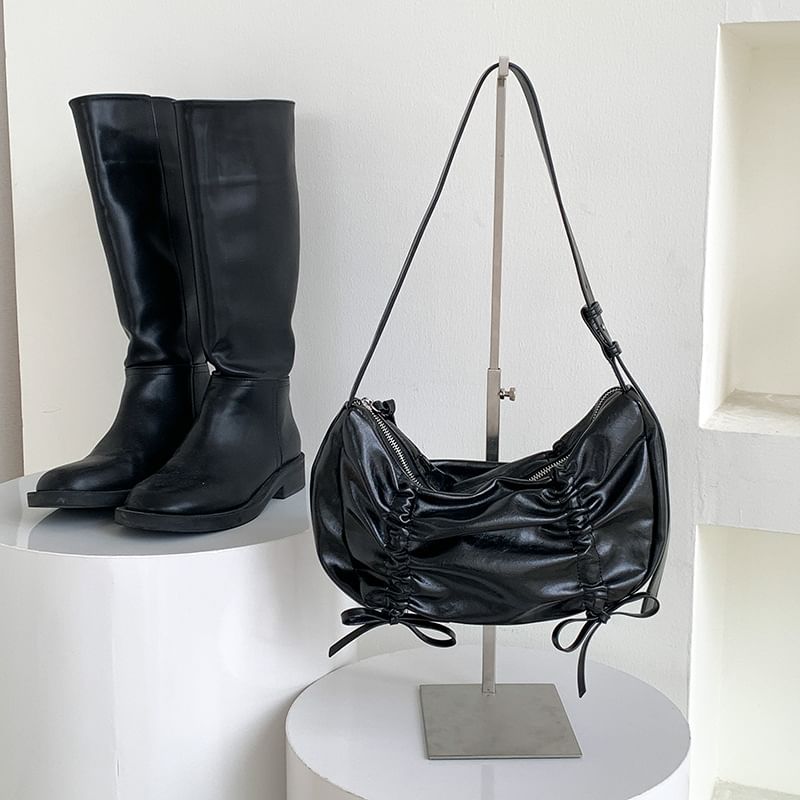 Plain Drawstring Faux Leather Bag Shoulder