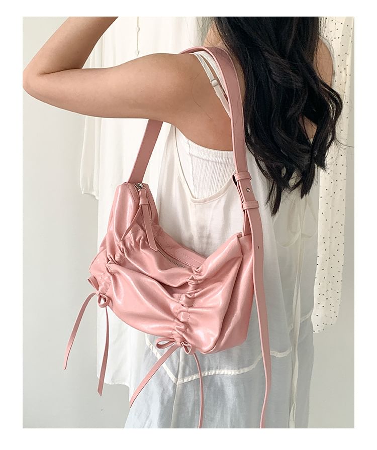 Plain Drawstring Faux Leather Bag Shoulder