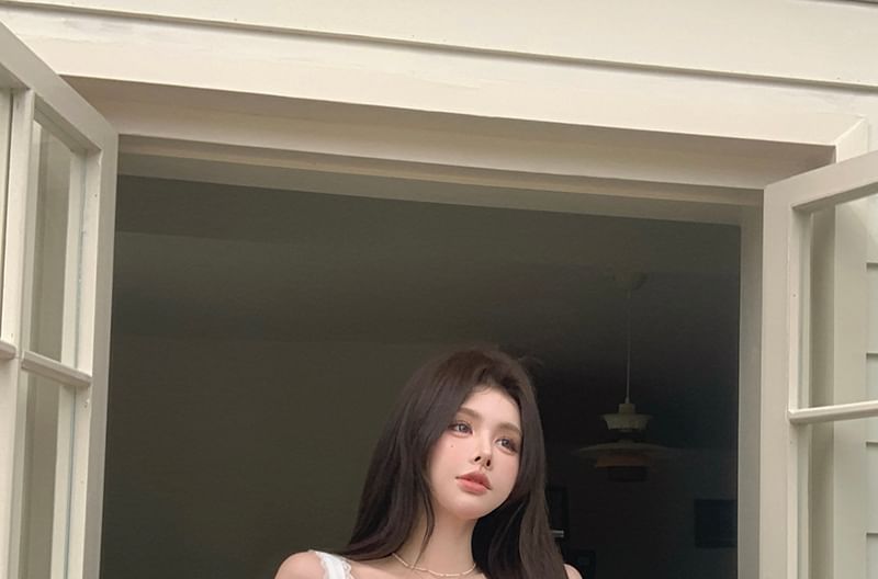 Top A-Line Front Panel Tie Plain Cami Pleated / Ruched High Mini Skirt Rise