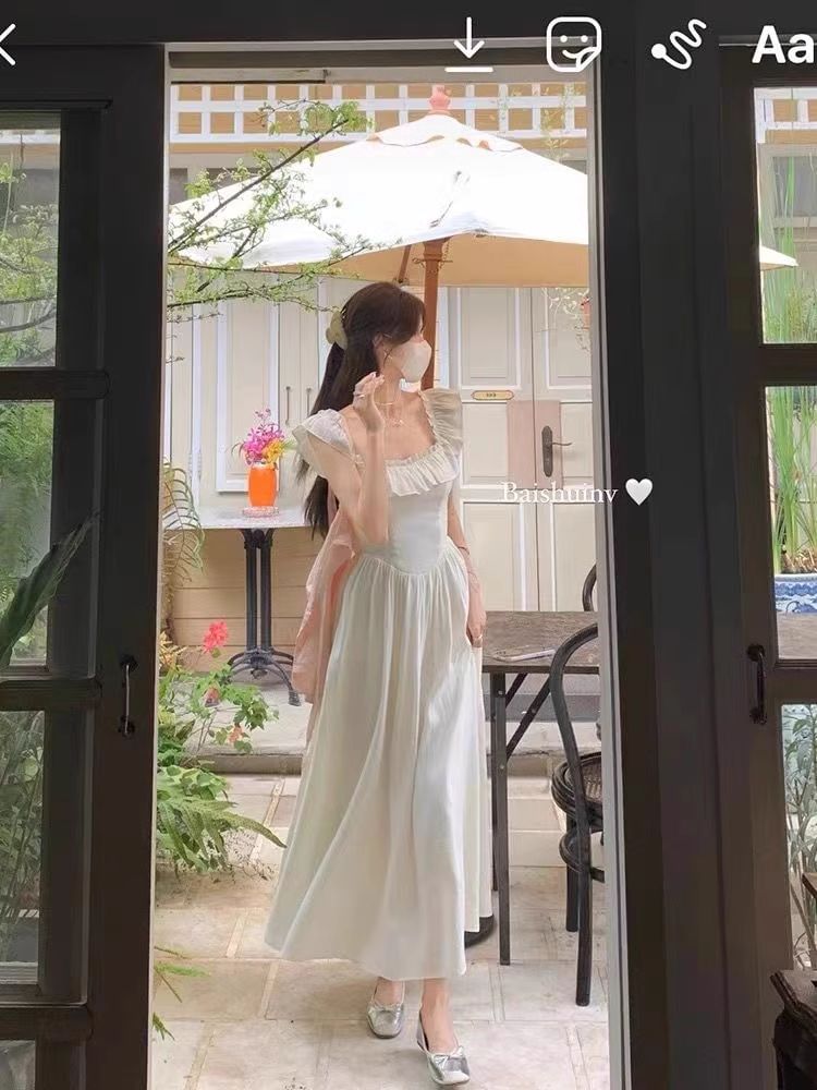 Square Neck Sleeveless Solid Ruffle A-Line Maxi Dress