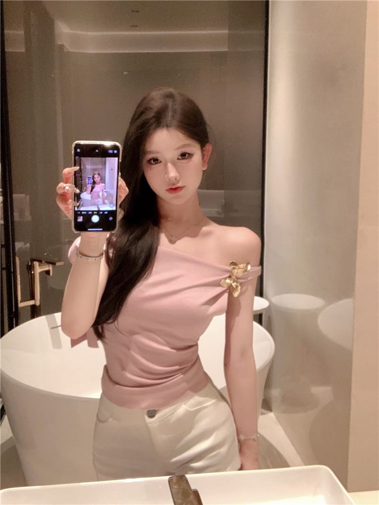 Sleeveless One Shoulder Plain Tie-Up Top