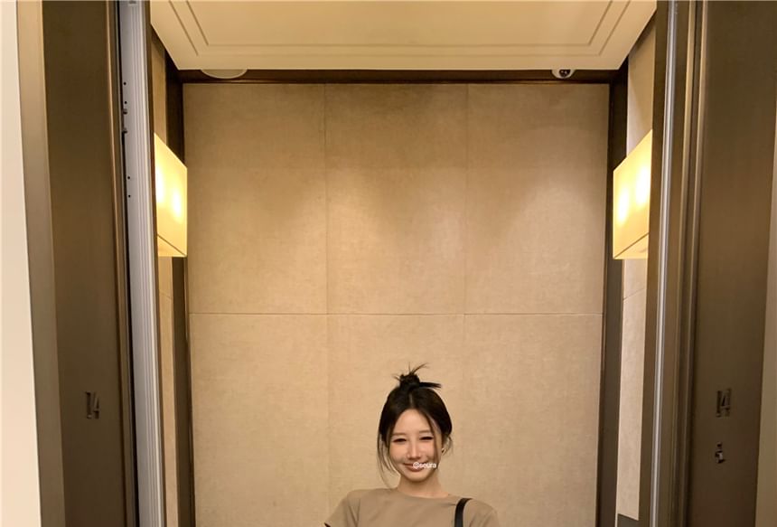 Short-Sleeve Crew A-Line Neck Dress Mini Embossed Piece Plain Mock Lettering Two