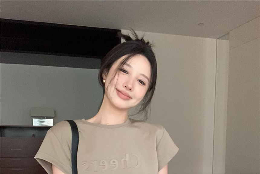 Short-Sleeve Crew A-Line Neck Dress Mini Embossed Piece Plain Mock Lettering Two