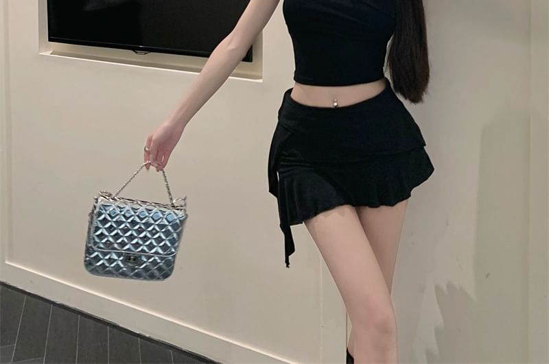 Rise Ruffle Mini Skirt Panel Plain Asymmetrical A-Line Mid