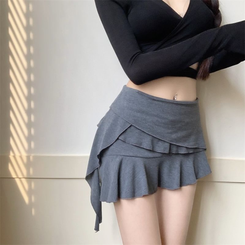 Rise Ruffle Mini Skirt Panel Plain Asymmetrical A-Line Mid
