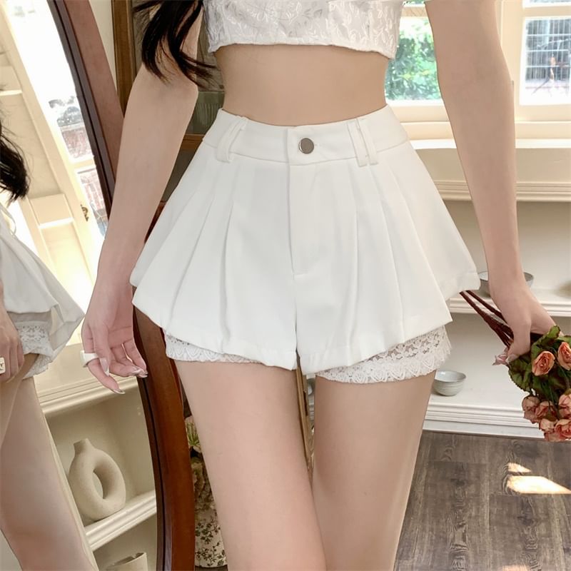 Panel High Pleated Waist Plain Shorts Lace
