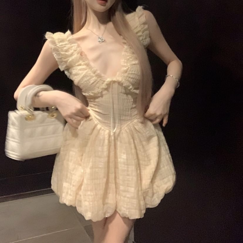 Sleeveless Plain Ruffle Mini A-Line Dress