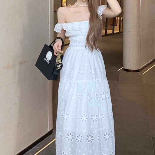 Off-Shoulder Ruffled Midi A-Line Eyelet Lace Dress