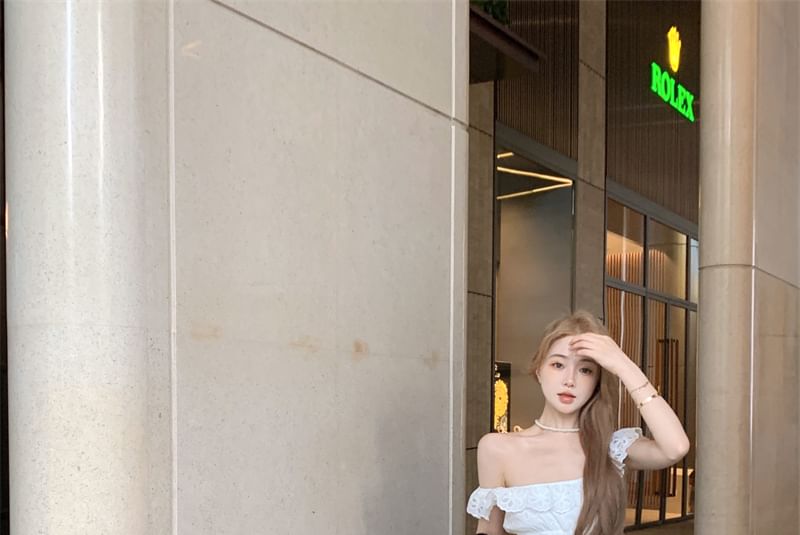 Off-Shoulder Ruffled Midi A-Line Eyelet Lace Dress