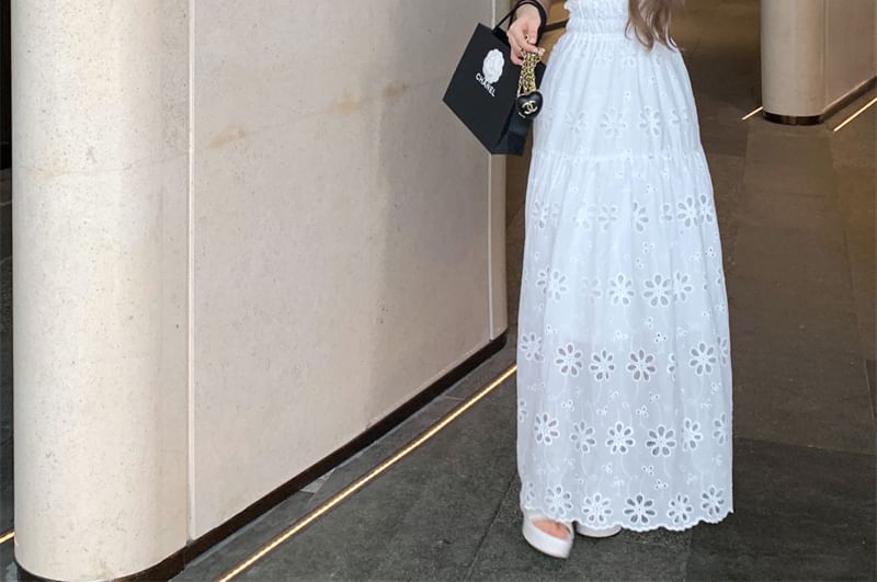 Off-Shoulder Ruffled Midi A-Line Eyelet Lace Dress