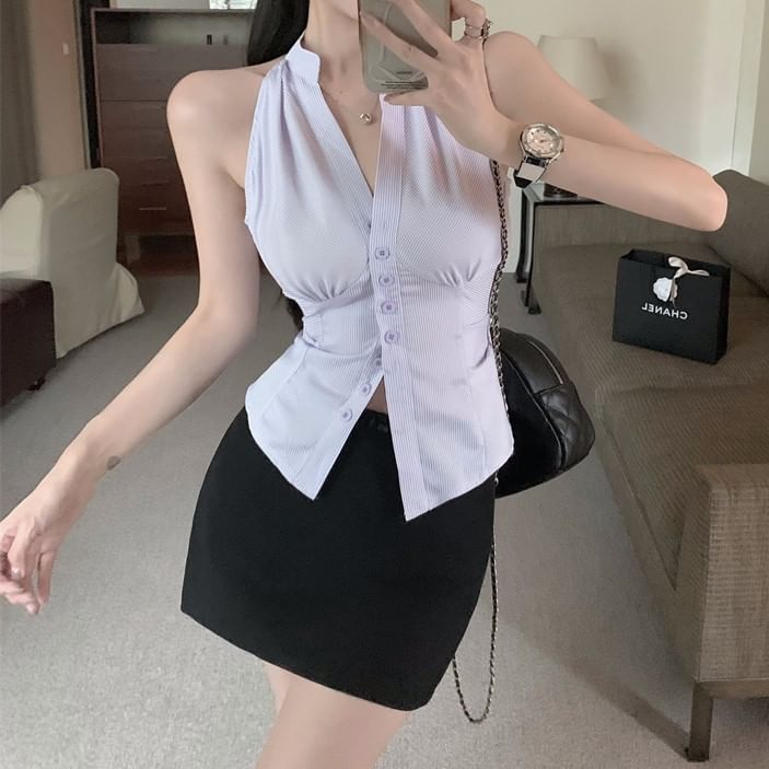 High Striped Shirt Skirt Pencil Rise Button-Up Sleeveless Mini V-Neck /