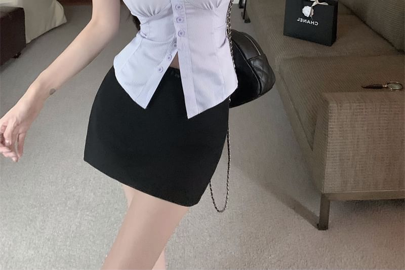 High Striped Shirt Skirt Pencil Rise Button-Up Sleeveless Mini V-Neck /