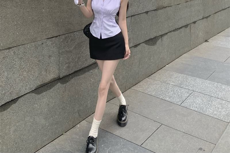 High Striped Shirt Skirt Pencil Rise Button-Up Sleeveless Mini V-Neck /